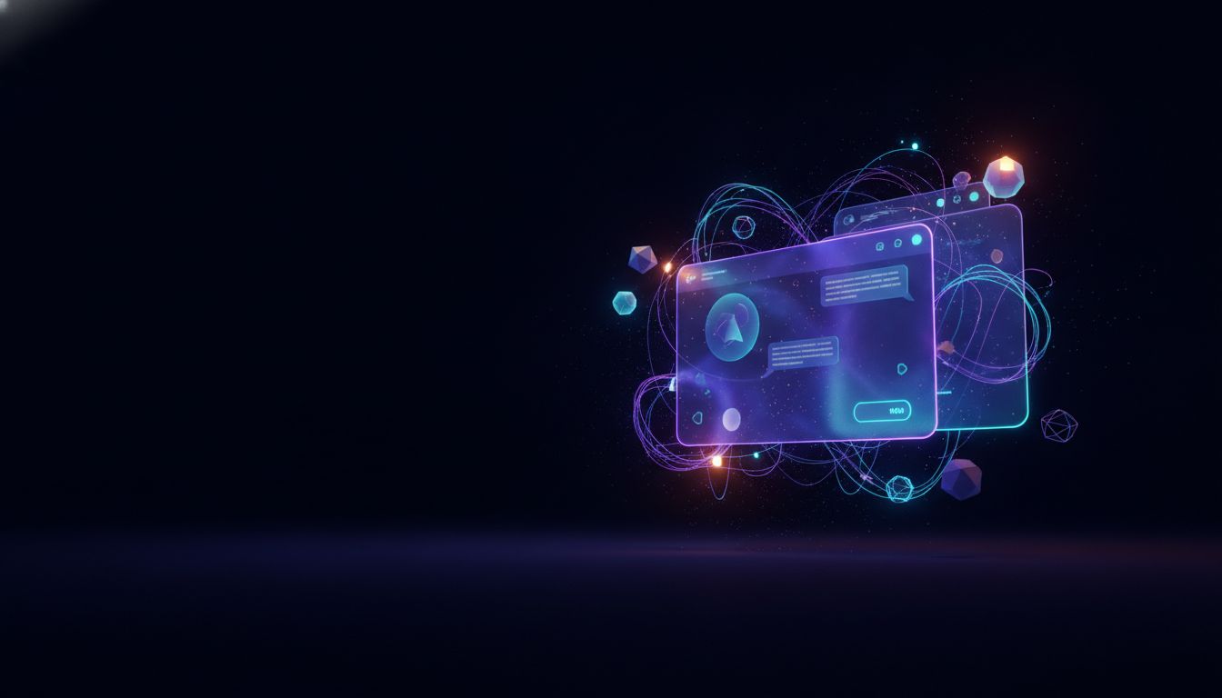 Abstract glowing AI chat interface and neural network nodes visualising AI visibility